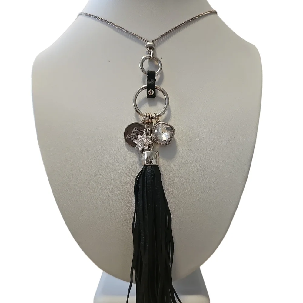 White House Black Market Tassel Charm Crystal Long Necklace